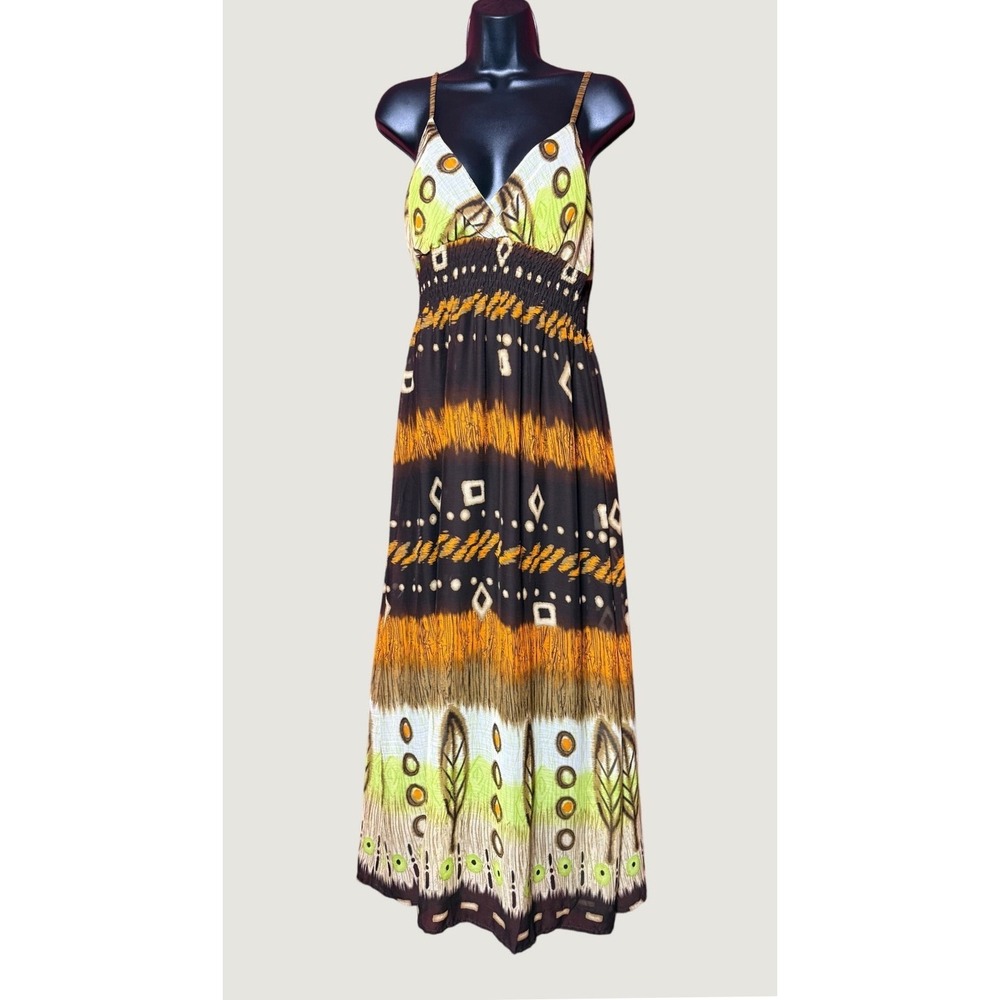 She's Cool Maxi Dress Women Large Brown Multi Tribal Print Good Smocked Boho
